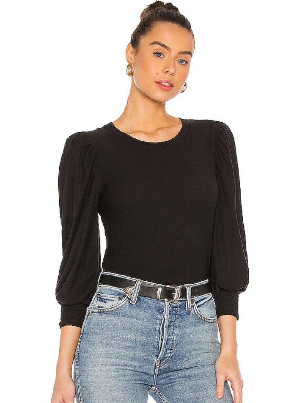 Nation Los Angeles Loren Smocked Peasant Tee Black Puff Sleeve M NWT